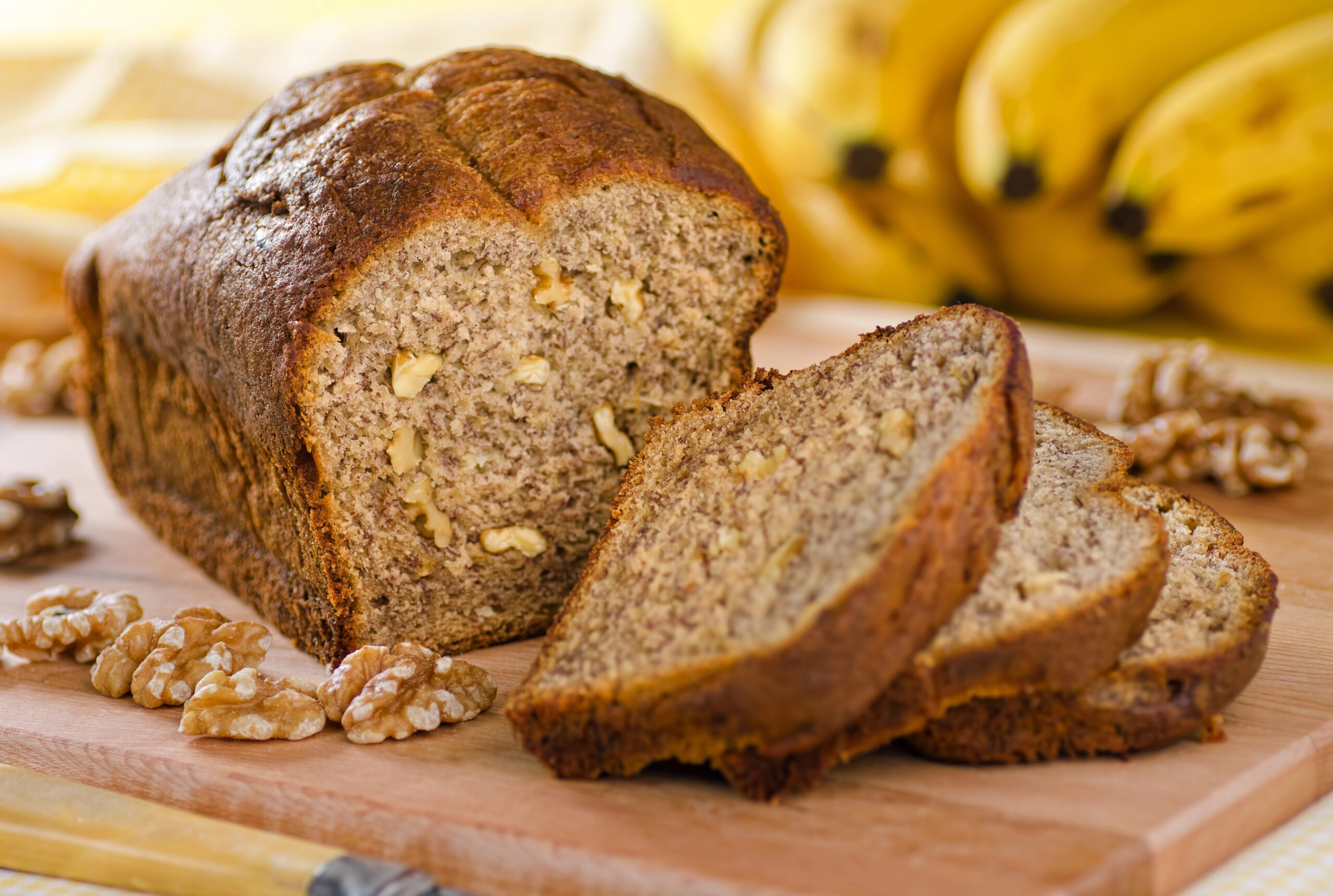 Healthy banana bread with slices cut off