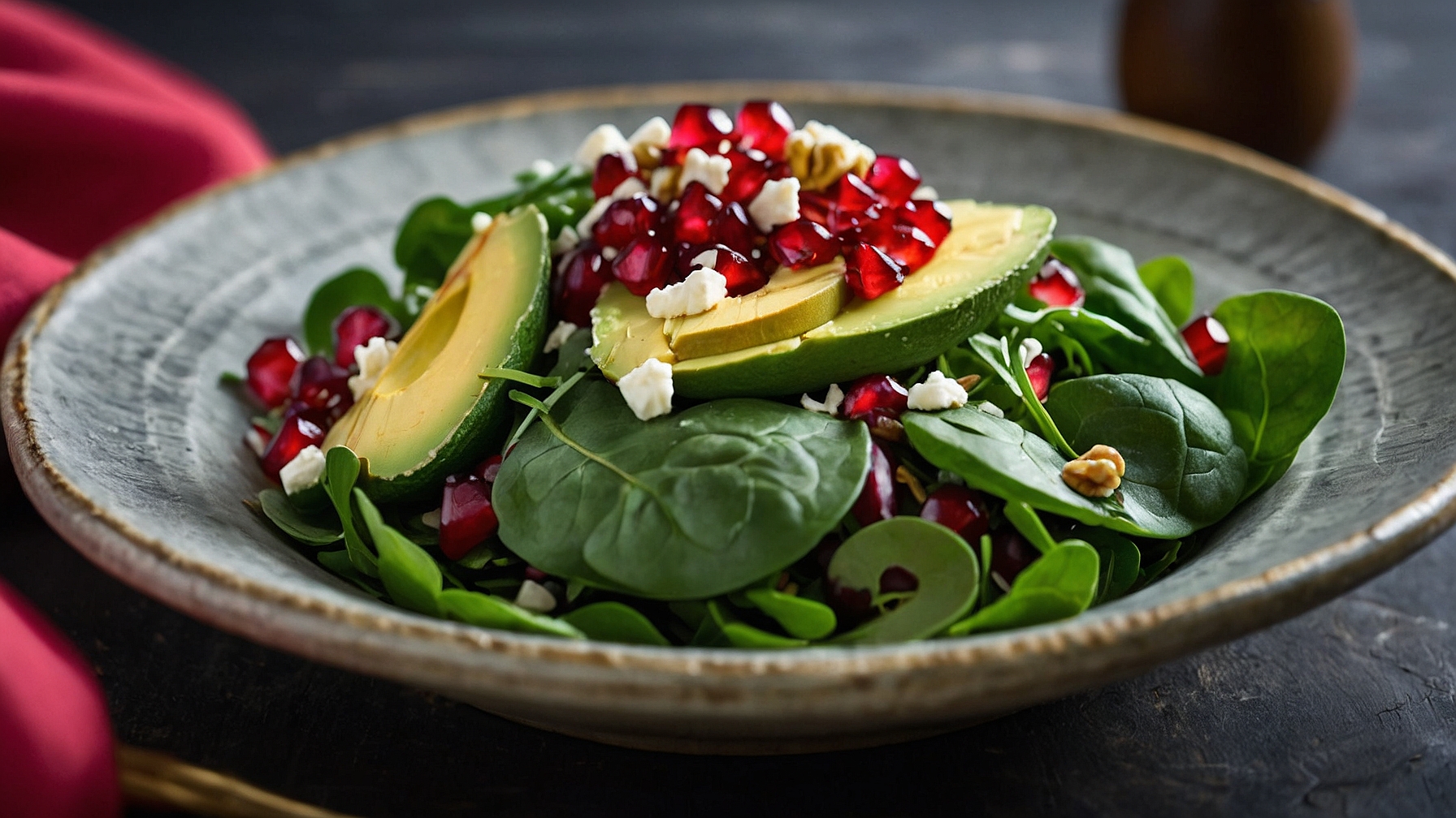 Heart-healthy pomegranate and avocado salad with feta cheese on top