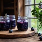 Homemade blueberry kefir with three glasses
