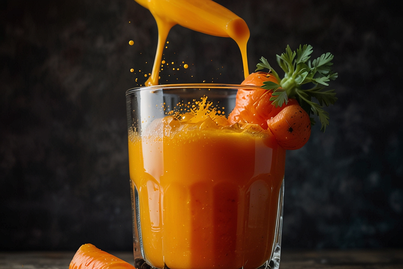 Immune-boosting carrot, ginger and turmeric juice blend in a glass