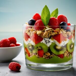 Immune-enhancing goji berry and kiwi parfait next to a bowl of berries