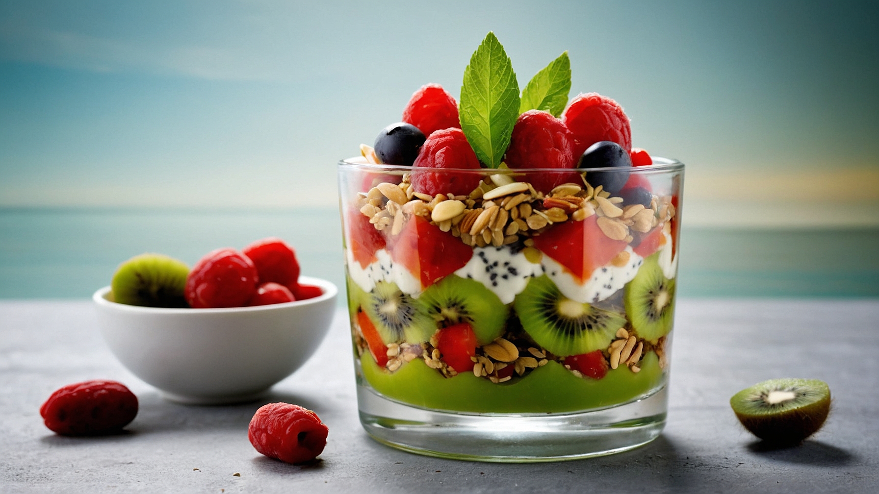 Immune-enhancing goji berry and kiwi parfait next to a bowl of berries