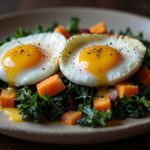 Superfood kale and sweet potato hash with poached eggs on a plate