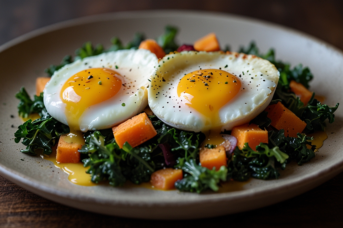 Superfood kale and sweet potato hash with poached eggs on a plate