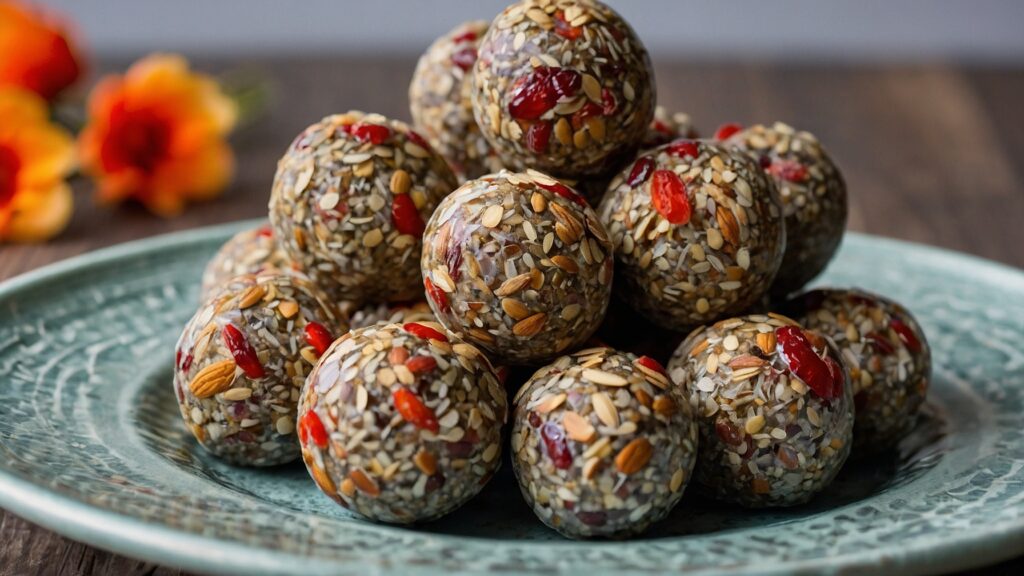 No-bake chia seed and goji berry energy bites in a pile on a plate