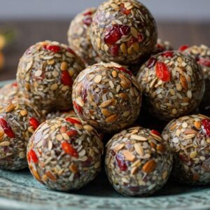 No-bake chia seed and goji berry energy bites in a pile on a plate