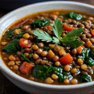 Nutrient-dense lentil and spinach superfood stew in a bowl