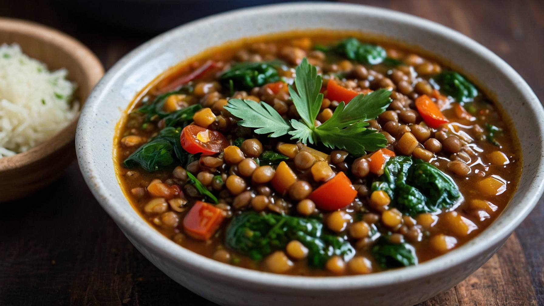 Nutrient-dense lentil and spinach superfood stew in a bowl