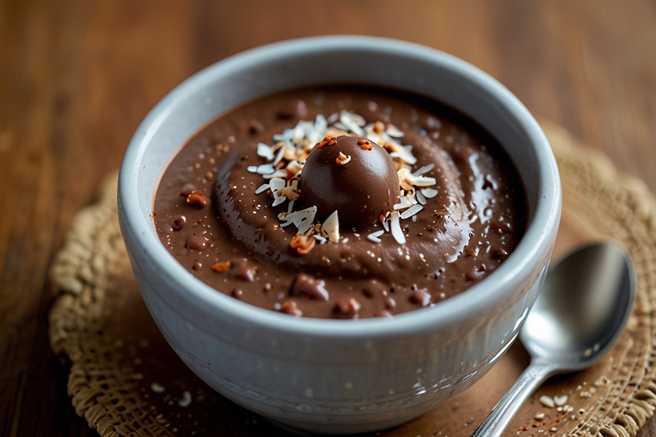 Oat milk chocolate pudding with sea salt in a white bowl