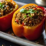 Quinoa-stuffed bell peppers with flaxseed crunch with red, orange, yellow peppers