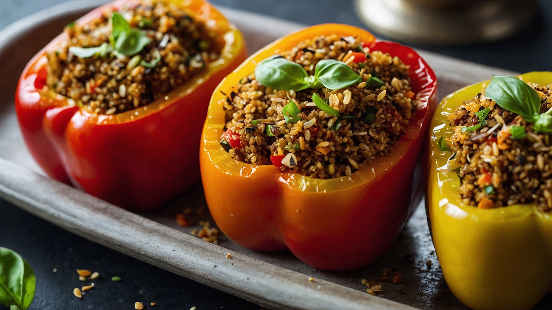 Quinoa-stuffed bell peppers with flaxseed crunch with red, orange, yellow peppers