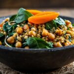 Roasted red pepper and spinach quinoa bowl with peppers on the top
