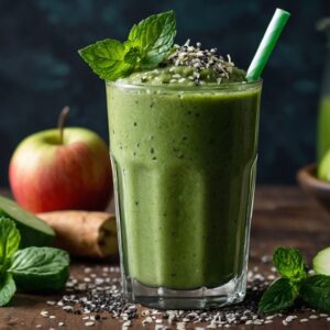 Spicy ginger and cucumber smoothie with a straw in glass