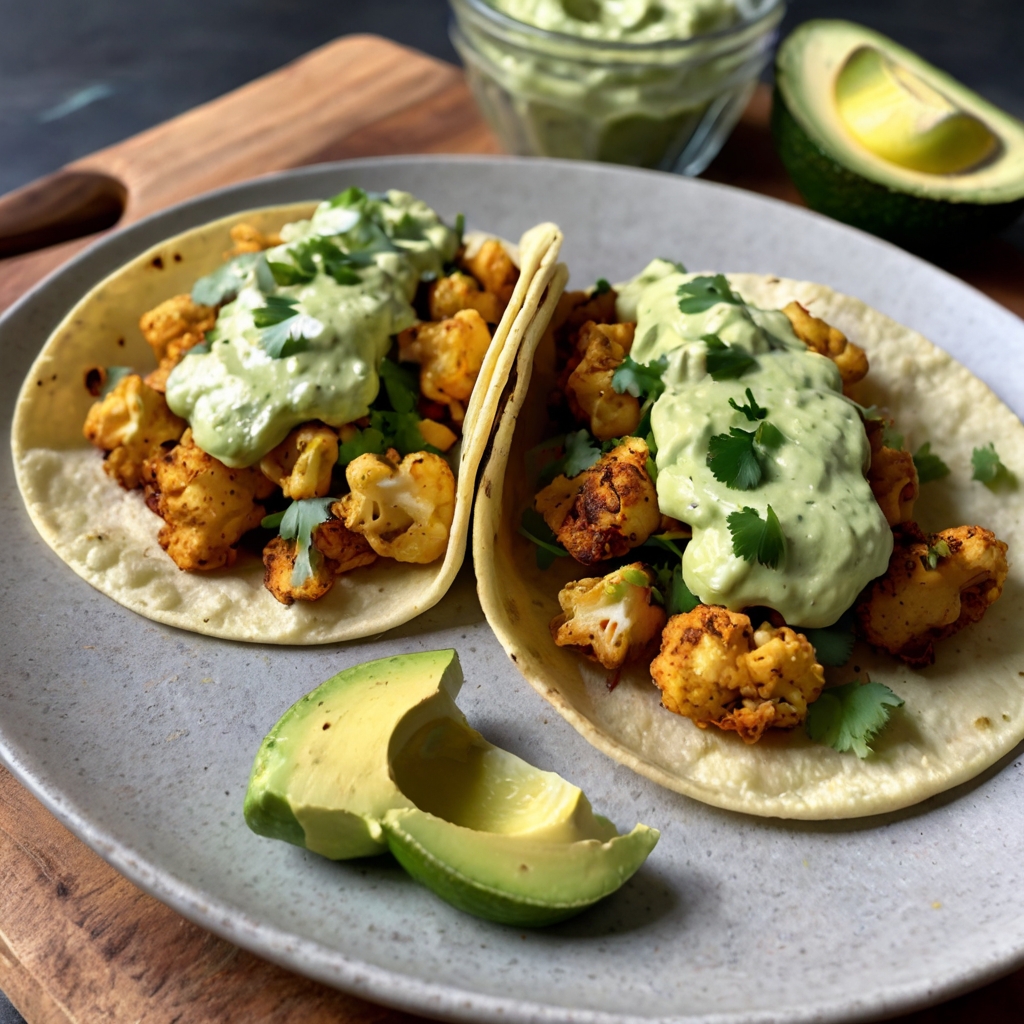 Spicy roasted cauliflower tacos with creamy avocado sauce on a grey plate