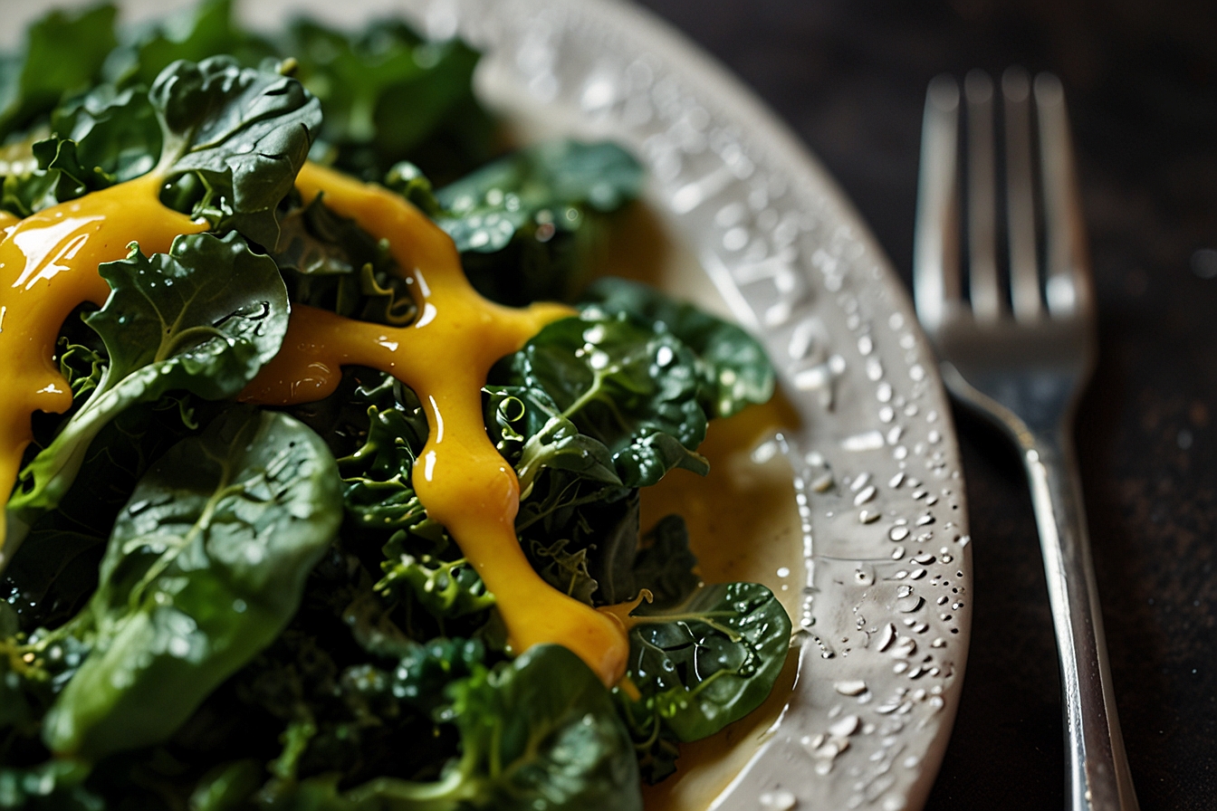 Spinach and kale salad with superfood honey mustard dressing with a closeup view of salad