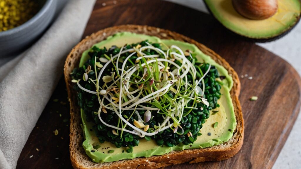 Spirulina-infused avocado toast with hemp seeds on a board