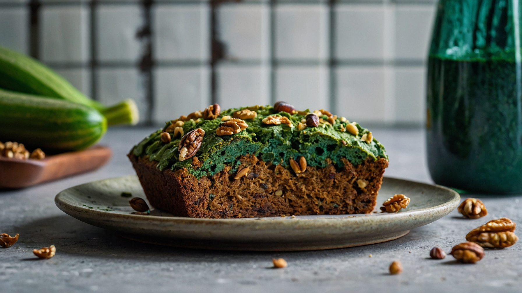 Superfood zucchini bread with spirulina and walnuts on a plate