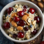 Tart cherry and chia seed overnight oats with almonds in a bowl