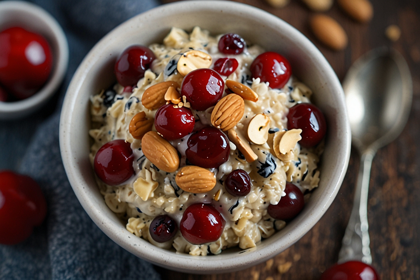 Tart cherry and chia seed overnight oats with almonds in a bowl