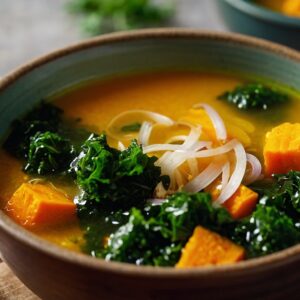 Vibrant turmeric and kale immunity-boosting soup in a brown bowl