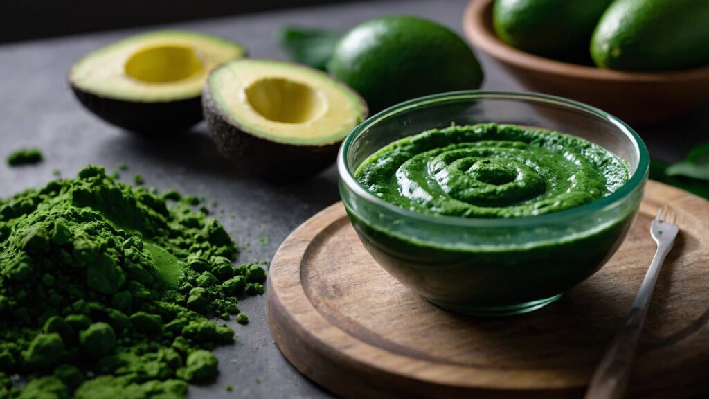 Vibrant green spirulina and chlorella superfood pesto next to a halved avocado