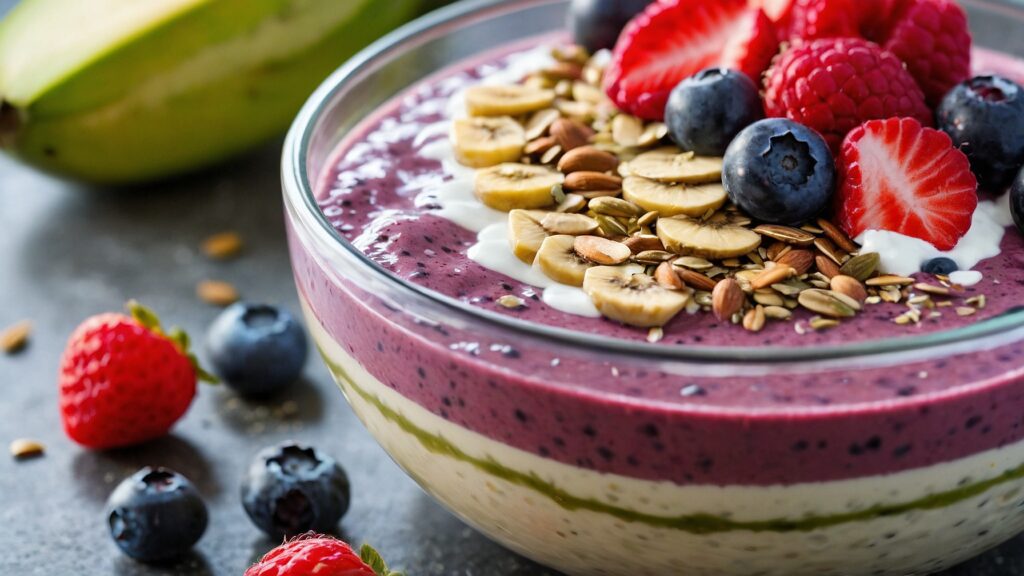 Collagen-boosting berry smoothie bowl next to some berries