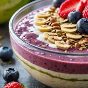 Collagen-boosting berry smoothie bowl next to some berries