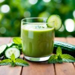 Cucumber smoothie in a glass with slice of cucumber on the side