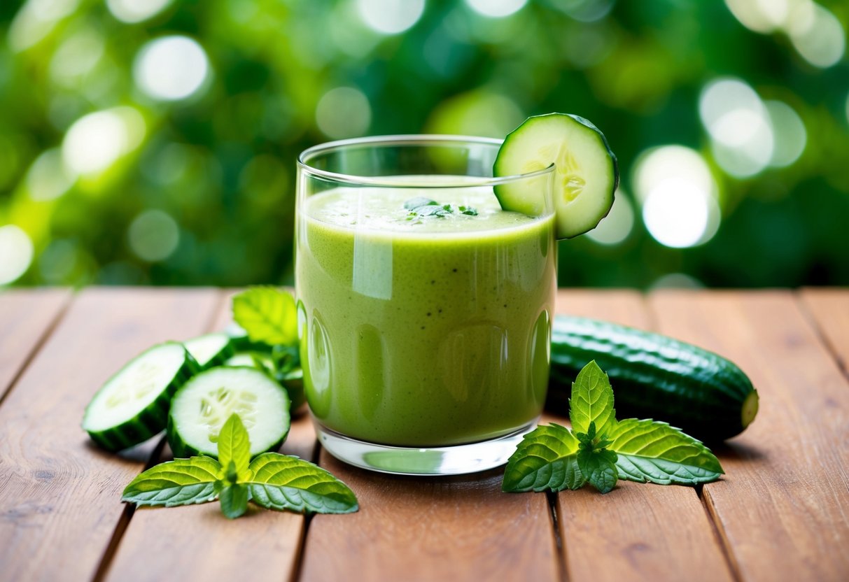 Cucumber smoothie in a glass with slice of cucumber on the side