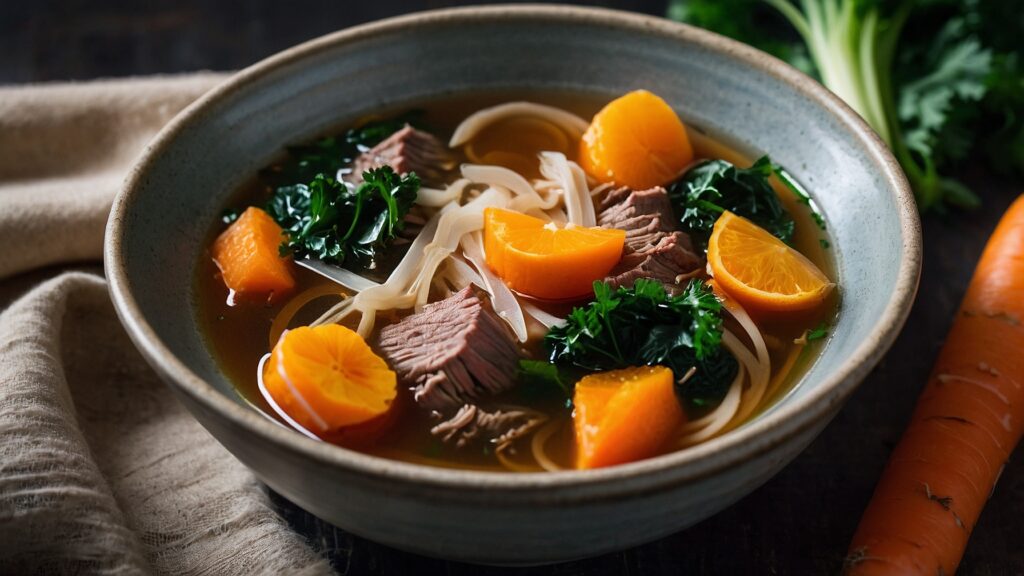 Gut-healing bone broth soup with collagen peptides in a brown bowl