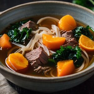 Gut-healing bone broth soup with collagen peptides in a brown bowl