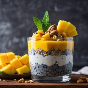 Tropical collagen chia pudding parfait with pineapple next to it