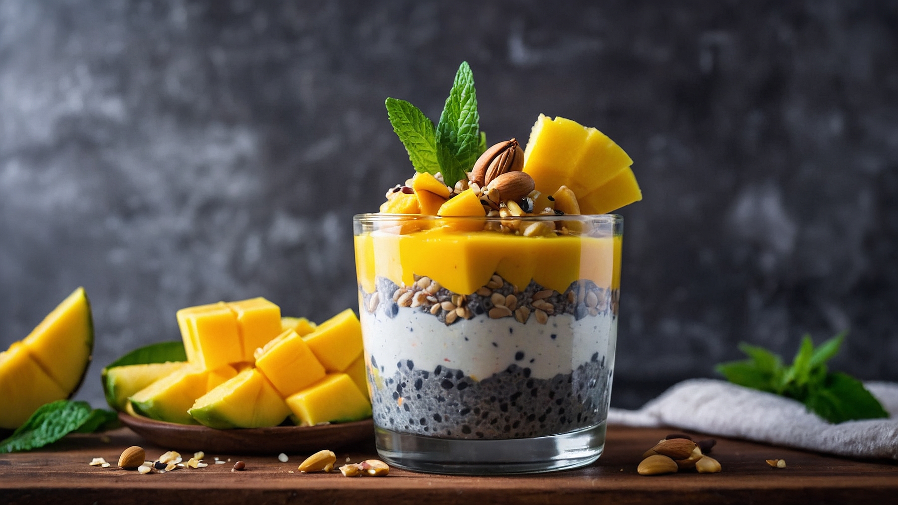 Tropical collagen chia pudding parfait with pineapple next to it