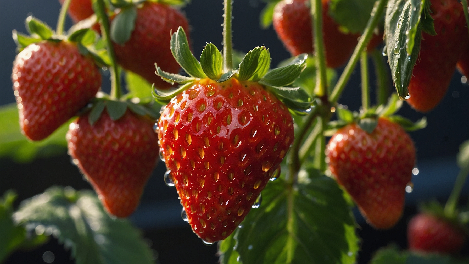 Hydroponic strawberries being they are picked, glistening